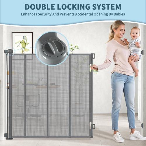 47” Extra Tall Retractable Baby Gate, Reinforced Mesh Dog Gate Extends to 59 Wide, Baby Gate for Stairs, Doorways, Hallways, Indoor and Outdoor, Grey