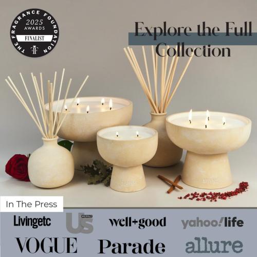 Blueme Romance Candle | Oakmoss & Sandalwood | 4 Wick - Refillable Wellness Candle with Essential Oils, Hand Finished & Poured Soy Wax Blend Ceramic Vessel, Natural Cotton Wicks | Large 24 oz