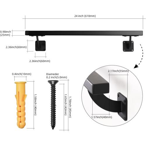 2 FT Heavy Duty Black Metal Staircase Handrail Indoor Stair Railing - 24 Inch Wall Mount Iron Pipe Hand Rails for Indoor & Outdoor, Banister Steps Rail Safety Wall Grab Bar for Seniors