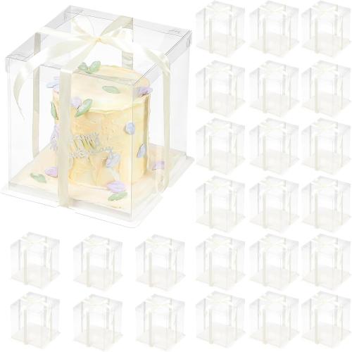 Clear Gift Box with Ribbon 2-Layer 8.5x8.5x9 Inch, Transparent Cake Carrier Box with Lids, PET Tall Cake Packaging Boxes, Clear Gift Boxes for Birthday,Wedding and Festival Party