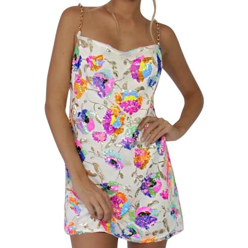 Size Large Color White Sunfere Women's Sequin Dress Sexy Sparkly Floral Summer Backless Deep V Low-Cut Shiny Strap Mini Dress for Party Cocktail Clubwear