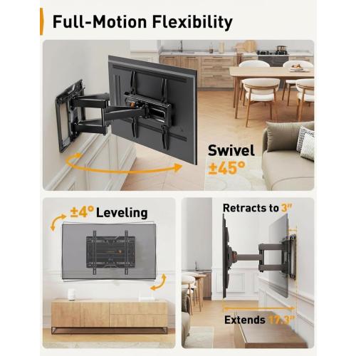 Perlegear Full Motion TV Wall Mount for 26-74 inch TVs, Height Adjustable TV Mount, Pre-Assembled Wall Mount TV Bracket with Tool-Free Tilt, Swivel, Fits 16” Studs, 99 lbs, Max VESA 400x400mm, PGMF21