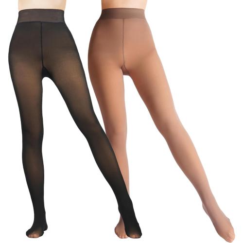 2 Pairs Women Fleece Lined Tights-Fake Translucent Leggings High Waist Pantyhose Sheer Thick Warm Tights For Women