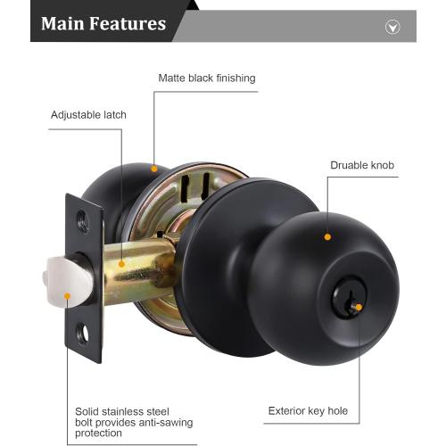 Lanwandeng Matte Black Door Knobs with Lock and Keys, Interior/Exterior Door Knob for Bedroom or Bathroom, Entry Door Lock