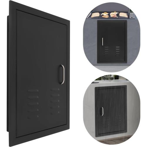 BBQ Access Door Black with Air Vents, 16.93*24.02in Kitchen Access Doors, Flush Mount Single Vertical Door with Handle for Outdoor Kitchen Commercial BBQ Island(Black, 16.93*24.02in with Air Vents)