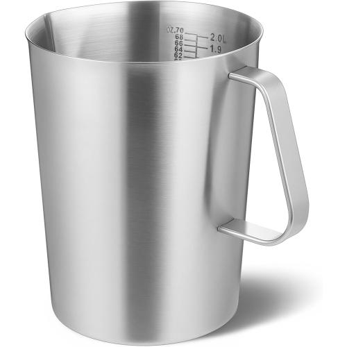 Stainless Steel Measuring Cup with Handle and Pour Lip, 2000ml 70OZ Metal Pitcher with Oz And ML Marking, Heavy-Duty Milk Frothing Jug for Coffee Latte Art, Commercial and Home Kitchen