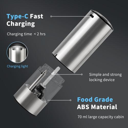 2 pack Automatic Rechargeable Electric Salt and Pepper Grinder Set Stainless Steel Shakers Mill Pepper Grinder Set for Kitchen with LED Large Button Adjustable Coarseness USB With Dual Eco-Friendly Wood Base
