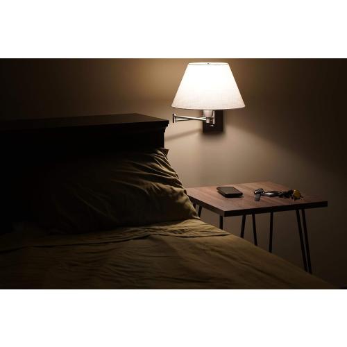 Modern Swing Arm Wall Sconce   3-Way Switch, 2-Pack | White Empire Fabric Shade, 2-in-1 Plug In or Hardwired Bedroom Wall Lamp, Satin Nickel Finish