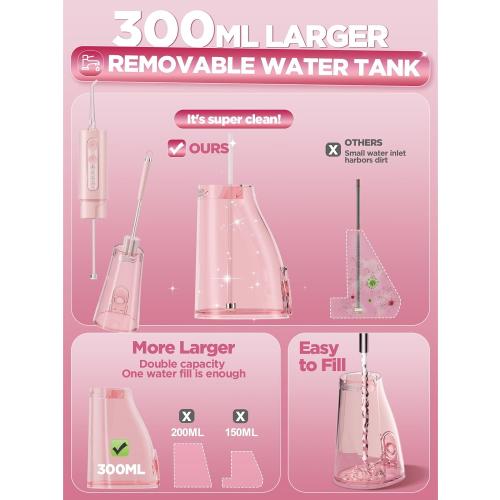 WELLFINE Water Dental Flosser Teeth Pick: Portable Cordless 4 Modes Flossers Pic 300ML Rechargeable Floss Pik Powerful IPX7 Waterproof Oral Irrigator for Cleaning Gum Care Braces for Home Travel