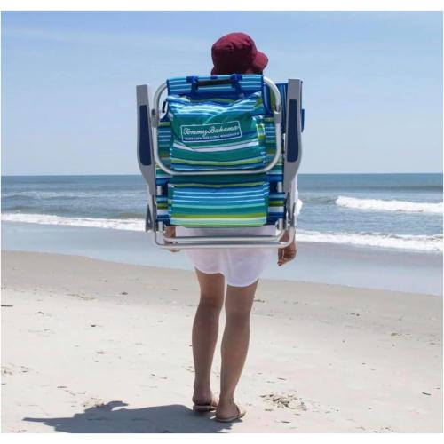 Tommy Bahama 5 Position Beach Chair, Zippered Insulated Cargo Pouch, Cup and Cell Phone Holders, Towel Bar, Pillow for Extra Comfort, Heavy-Duty Weight Capacity, 2-Pack (Aqua Stripes)
