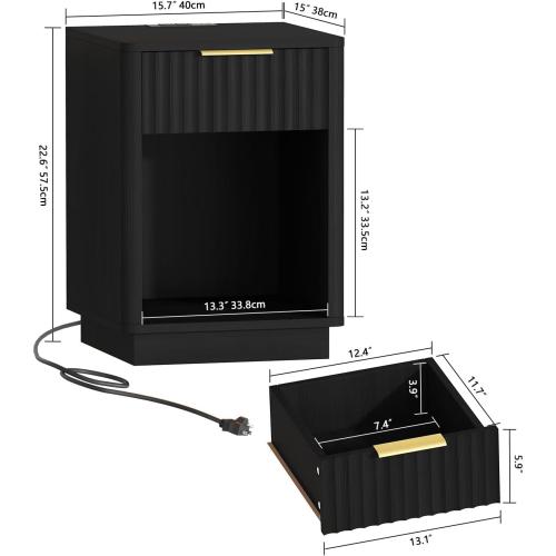 Akxomel Fluted Nightstands Set of 2, Wooden Night Stand with Charging Station and LED Light, Modern Mid Century End Table with Drawer, 15 D x 15.7 W x 22.6 H, for Bedroom, Black