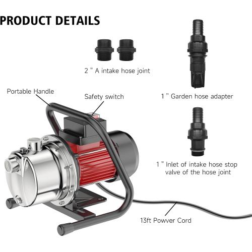 1.6HP Shallow Well Pump, 1300GPH Shallow, Portable water, for Garden Farm Irrigation Lawn, Sprinkler System, transfer pump Remove Standing Water, Landscape Fountain.
