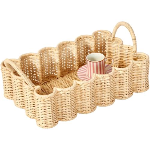 BEBE BASK Premium Wavy Scalloped Rattan Tray - Small Hand-Woven Scallop Wicker Tray - 19 x 9 x 6.5 in - Scalloped Basket - Scallop Basket