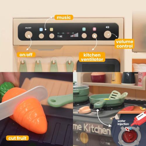Play Kitchen for Kids, Interactive Play with Lights and Sounds, Real Steam, Play Sink, Cutting Food Set, 65 PCS Toy Kitchen Set for Boys Girls