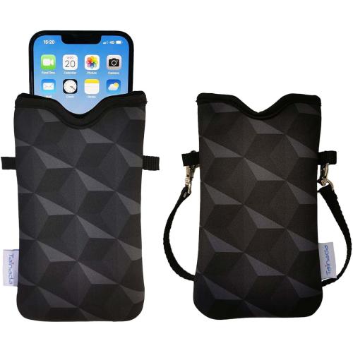 Tainada Men Women Neoprene Phone Sleeve Pouch Case Bag w/Crossbody Strap/Neck Lanyard for iPhone 17/16/15 Pro Max, Air, 16e, 16/15 Plus; Samsung S26, S25, A57, A56 (Black Geometric Pattern)