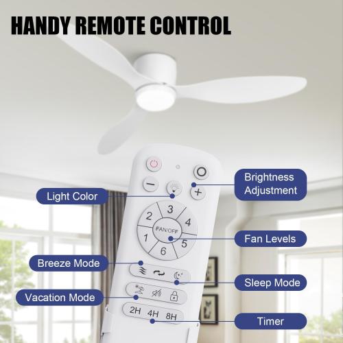 VACILL Low Profile Ceiling Fan with Light and Remote, 52 Inch Flush Mount White Ceiling Fan, Quiet Reversible DC Motor, 6 Speed, 3 Color Dimmable LED, 3 Blades for Bedroom Living Room