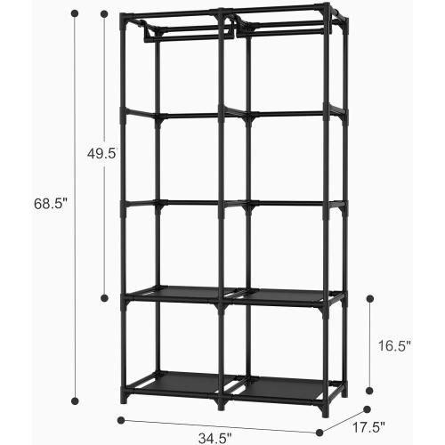 Portable Closet for Hanging Clothes, Portable Wardrobe Closet with Cover, 4 Storage Shelves, 2 Hanging Rods and 8 Side Pockets, Easy Assembly and Sturdy Free Standing Closet for Bedroom, Black