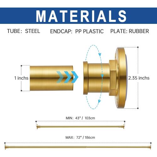 BRIOFOX Industrial Shower Curtain Rod - 2-in-1 Design Tension Curtain Rod - Never Rust Non-Slip 43 to 72 Inch Metal Steel, Gold Window Curtain Rod