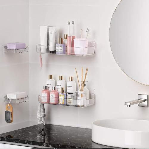 Sotfamily Crystal-Clear Shower Caddy with Soap Dish & Adhesive Pads, 2 Pack