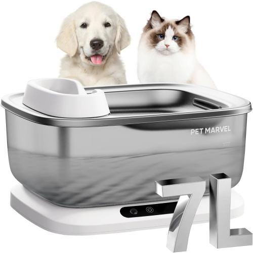 PET Marvel Wireless Quiet Pet Water Fountain, 7L/1.8Gal/230oz Large Water Reserve for Dogs & Cats, Stainless Steel Drinking Bowl, Battery or Plug-in Use, Designed for Short Trips & Backup Use, F2 V2