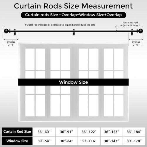 Curtain Rods 36-91 Inch, Black 1 Inch Adjustable Heavy Duty Curtain Rods for Windows, Decorative Modern Window Treatment Rod, Telescopic Splicing Metal Drapery Pole, Easy Installation