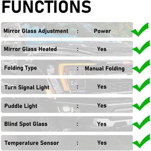 For Ford F150 2021-2024 Door Mirror with Textured Black Cover Manual Folding with Turn Signal Light Puddle Light Power Heated and Blind Spot Glass Temp Sensor 13 Pins Right Passenger Side (W/O Camera)