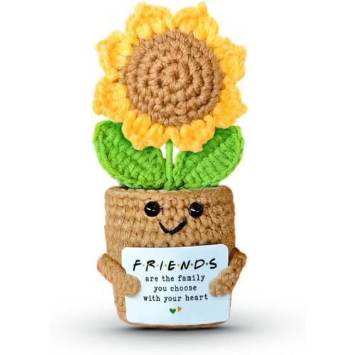 Mini Sunflower Crochet Gift with Card for Women Best Friend, Soul Sister, Long Distance Pal, Friends Are the Family You Choose, Cute Decor for Birthday, Christmas for Bestie, BFF, Coworker