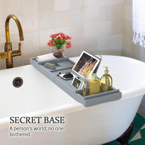 Bath Caddy Tray for Bathtub - Bamboo Adjustable Organizer Tray for Bathroom with Soap Dish Suitable for Luxury Spa or Reading(Bluish Grey)