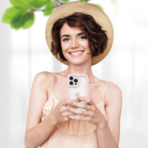 Pink Anuck for iPhone 15 Pro Case Wavy Edge Clear Back Design, Anti-Slip Grip Cute Wave Curly Frame Shape Shockproof Soft TPU & Hard Bumper Protective Phone Case Cover for Women Girls, Pink