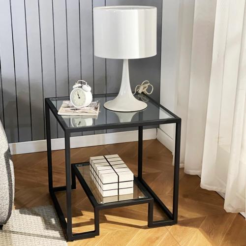 Black Metal Glass Coffee Table - Simple Center Coffee Table for Living Room Home, Metal Frame Coffee Table with 2 Shelves,Modern Table for Bedroom, Dinning Room,Office Décor