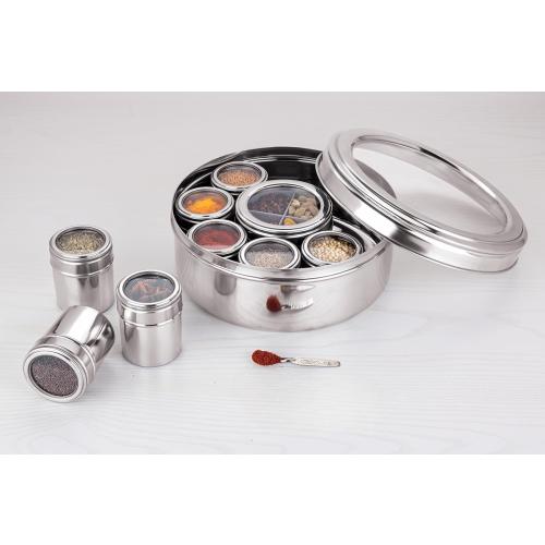 Silver 12 In 1 Stainless Steel Masala Box | Spice Box For Kitchen | Large Masala Dabba with See-Through Lid | Steel Masala Dani 2.5L Spice Organizer with 12 Compartment | 22.5cm