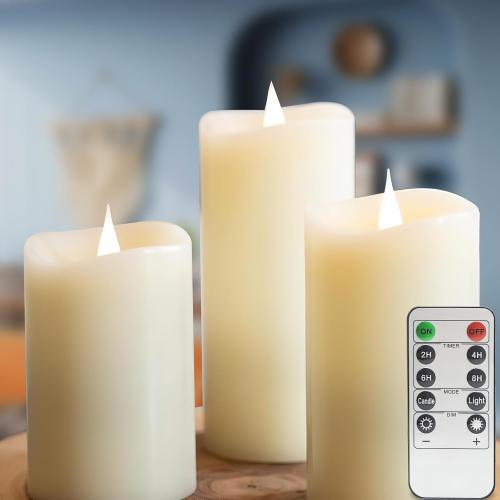 LOGUIDE Flickering Flameless Candles with Remote Timer, Realistic 3D Moving Flame with Real Wax Pillar LED Candles,Lasting 500 Hours Battery Operated Candles for Wedding Decoration, Christmas,3 Pack