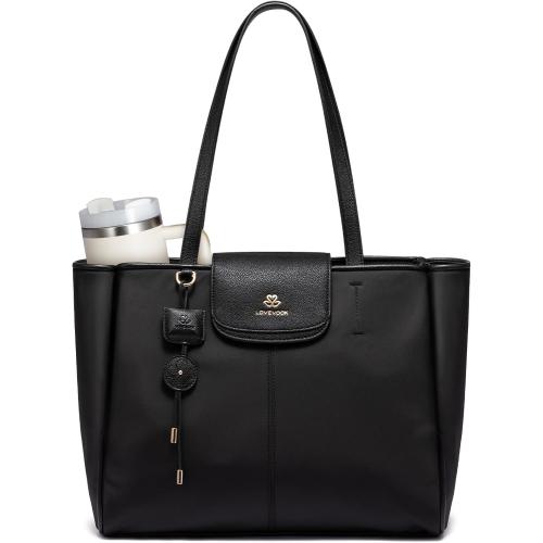 LOVEVOOK Laptop Tote Bag for Women,Nylon Work Totes with 15.6 Inch Laptop Compartments, Lightweight Computer Purse with Large Cup Holder,Travel Tote with Luggage Straps***Black