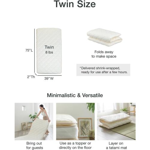 FULI Japanese Futon, Japanese Floor Bed, Tatami Foldable Bed, Roll Up Sleeping Pad, Shikibuton, Made in Japan (beige, Twin)