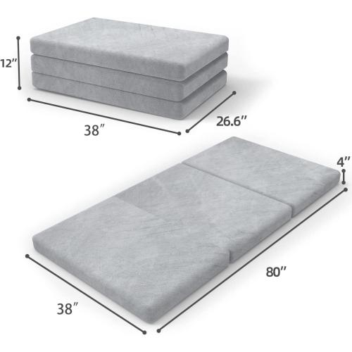 SINWEEK Tri Folding Mattress Foam Topper 4 Thickness Floor Cot Mattress, Guset Bed with Removable&Machine Washable Cover and Lining, CertiPUR-US Certified 38 x 80 Inch