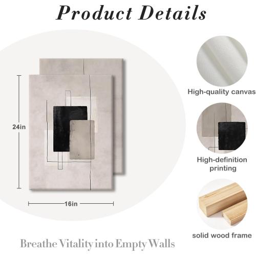 Kdyudo 2 Pcs Large Minimalist Block Line Canvas Framed Wall Art Neutral Abstract Print Poster Wall Decor Black Beige And Brown Geometric Square Line Painting Pictures Living Room Bedroom 16x24 Inch