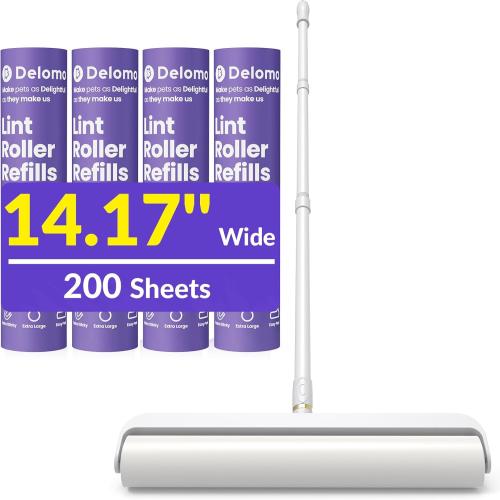 14.17 Extra Large Lint Rollers for Pet Hair, DELOMO Sticky Rollers for Floor with 3 Extendable Handle & 4 Refills (200 Sheets), Long Handle Sticky Mop for Cleaning Carpets, Couch, Furniture, Cars