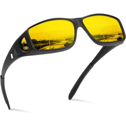 Night Vision Glasses for Driving - Wrap Around Fit Over Glasses for Men Women Anti Glare Polarized HD Yellow Lens