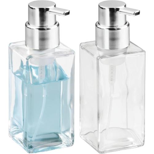 mDesign Glass Refillable Foaming Hand Soap Dispenser Modern Square Pump Bottle for Bathroom Vanities or Kitchen Sink, Countertops - 2 Pack - Clear/Chrome