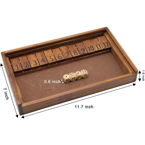 Juegoal Shut The Box Wooden Board Dice Game with 12 Numbers and Lid for Kids Adults Families, 2 Players and Up