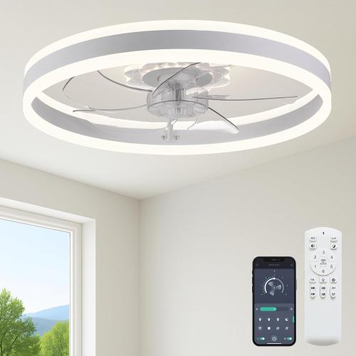Fszdorj 23.6'' Ceiling Fan with Light, Upgraded Low Profile Fan, Flush Mount Ceiling Fan, 6 Speeds, Dimmable LED, App & Remote Control, Quiet DC Motor, for Bedroom, Living Room, F105 White N