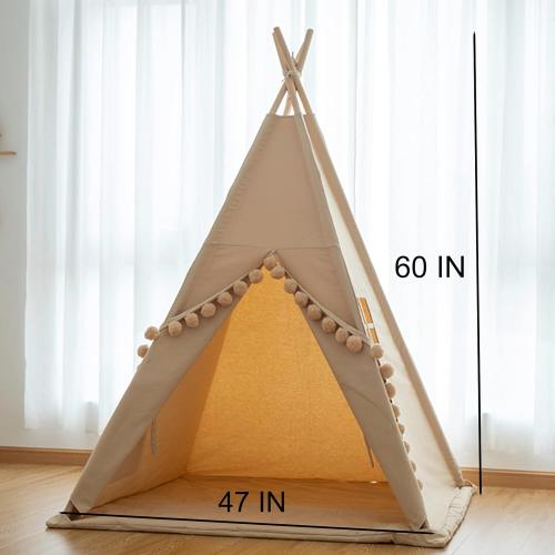 Teepee for Kids Tent Indoor with Floor Mat,Carry Bag,Banner,Play Cottage with Star Light, Cotton Canvas Kids Teepee Tent for Girls & Boys, Pompom Ball Design, Foldable Teepee Tent