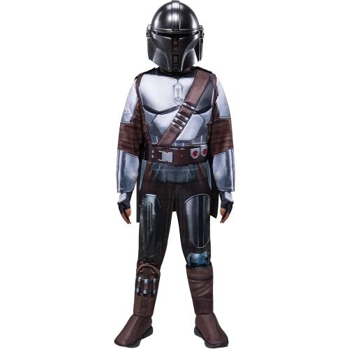 STAR WARS THE MANDALORIAN HALLOWEEN COSTUME FOR KIDS - Dlx Powerwall Jumpsuit w/Printed Design   Gloves, Cape, & 3D Headpiece