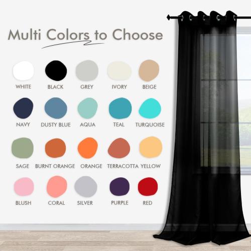 Semi-sheer black curtains for living room (set of 2 panels with grommets). Modern sheer black voile curtains for bedroom