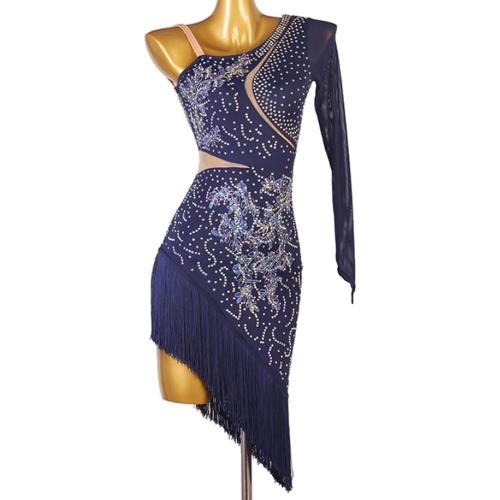 Size Large Color Blue Latin Dance Performance Dresses Ballroom Dance Costumes Asymmetric Cha Cha Dancewear Embroidery Salsa Dance Dress