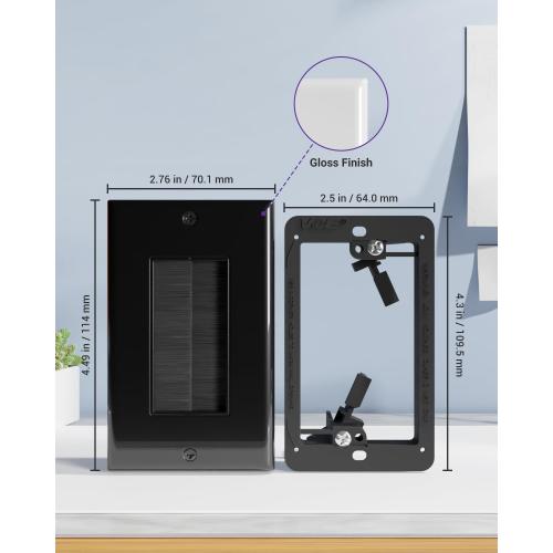 VCE Brush Wall Plate with Bracket, Cable Pass Through Insert Single Gang Decorator Wall Cover for Low Voltage Cables, Cord Hider for Wall Mount TV, Home Theater System, Black (2-Pack)