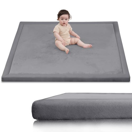 Ultra Soft Baby Play Mat for Floor,1.3 Thick Elasti-Foam 50x50 Playpen Mat for Toddlers Infant kids,Water-Repellent Coral Velvet for Tummy Time,Non-Slip Backing Safe for Crawling,Tatami Style (Dark Grey)