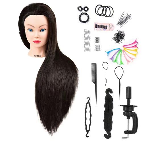 Morris 28Inch Mannequin Head With Synthetic Fiber Hair Styling Training Manikin Cosmetology Doll Head With Clamp Stand (Black)