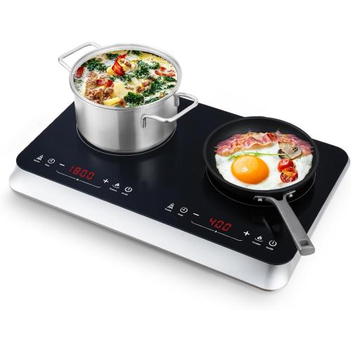 Double Induction Cooktop Burner with Fast Warm-Up Mode, 1800w 2 Burner with 10 Temperature 9 Power Settings, Portable Dual Induction Cooker Cooktop with Child Safety Lock & Time