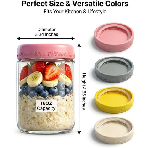 16oz 4Pack Glass Overnight Oats Jars Containers with Airtight Leakproof Lids, Reusable Mason Jars for Meal Prep, Yogurt Parfaits, Smoothies, Salads & Healthy Breakfasts (16 OZ-4-2)
